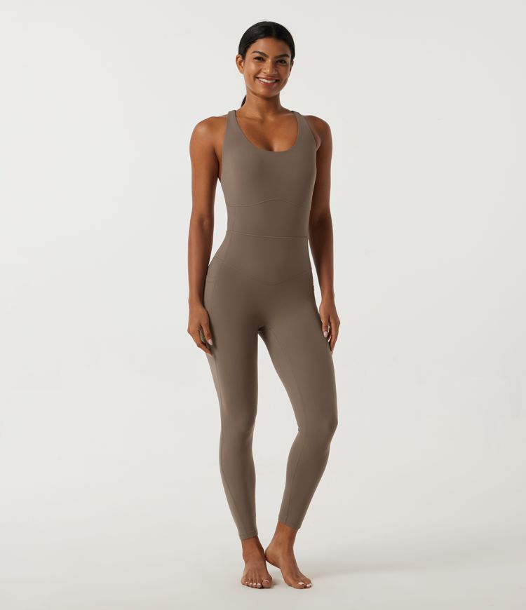 Dawn Brown Halara UltraSculpt™ U Neck Sleeveless Tummy Control Cut Out Back Yoga Jumpsuit with Built-in Bra / 2