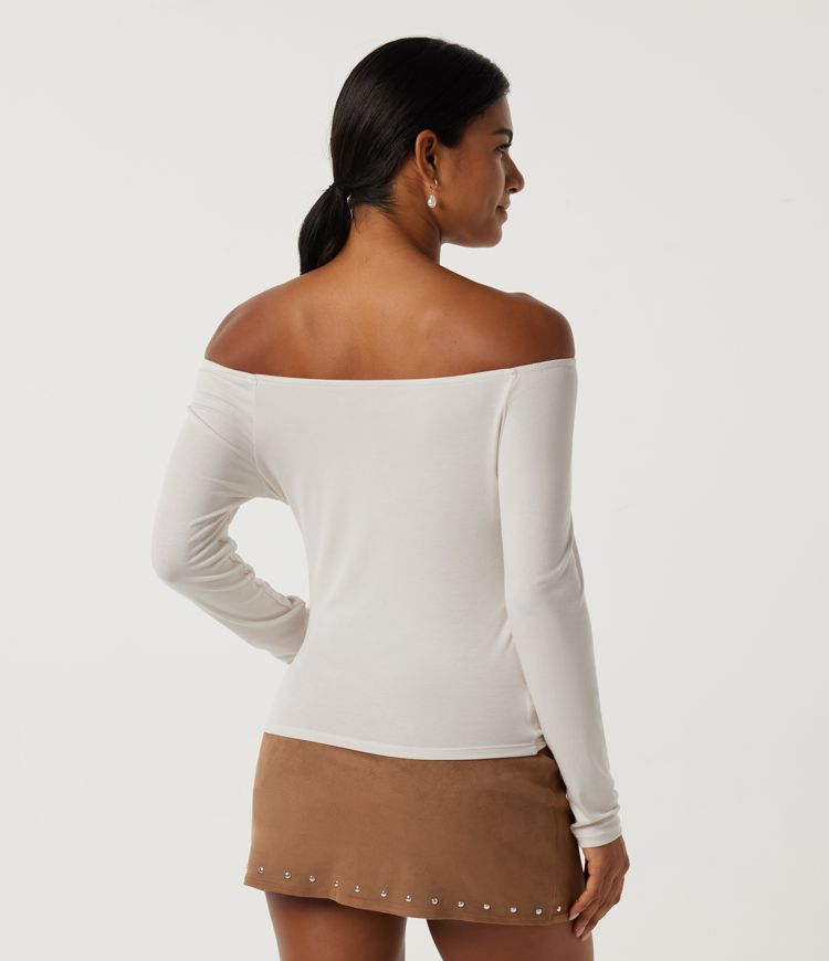 Rice Khaki Ribbed Off Shoulder Ruched Long Sleeve Casual Top / 2