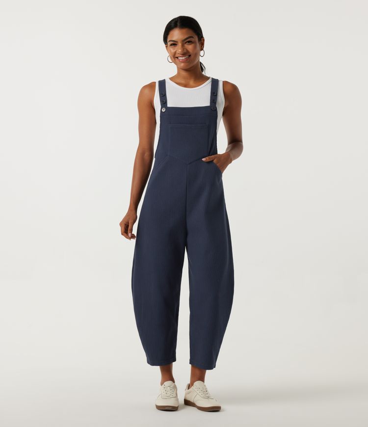 Square Neck Barrel Leg Waffle Casual Overalls with Pockets