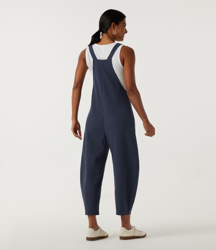 Midnight Blue Square Neck Barrel Leg Waffle Casual Overalls with Pockets / 2