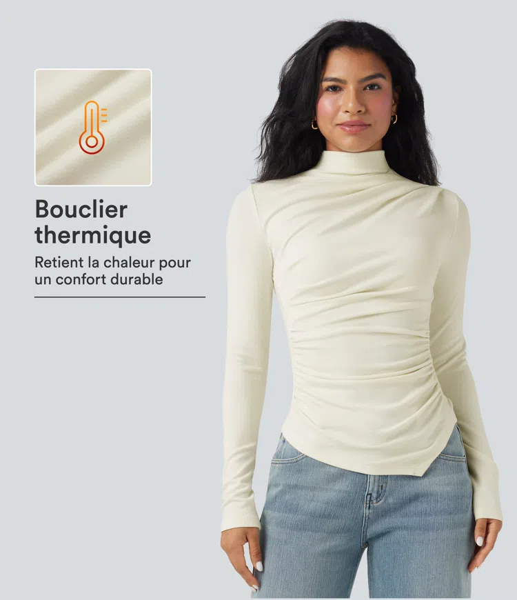 Haut thermique col montant manches longues froncé à ourlet asymétrique