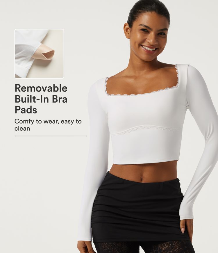 SoftlyZero™ Square Neck Long Sleeve Contrast Lace Yoga Sports Top with Built-in Bra
