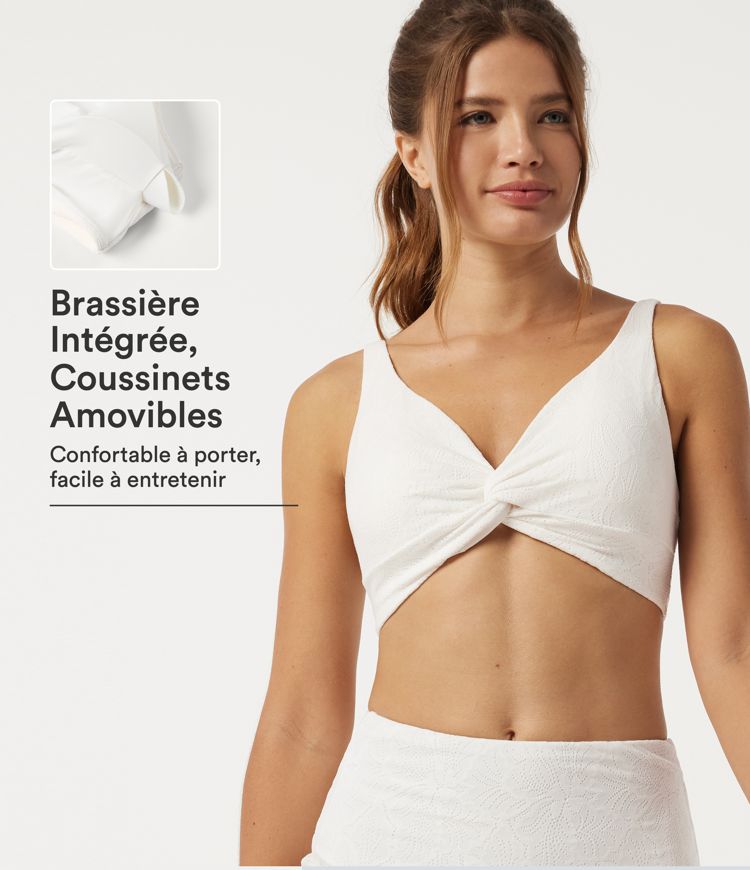 Blanc Brassière de sport dentelle contrastée SoftlyZero™ maintien léger, col en V, avec coussinet intégré / 1