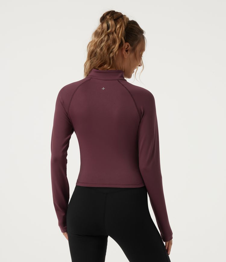 Red Mahogany Mock Neck Raglan Long Sleeve Yoga Track Jacket / 2