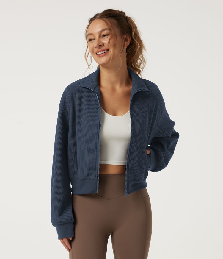 Mock Neck Long Sleeve Waffle Casual Jacket with Pockets