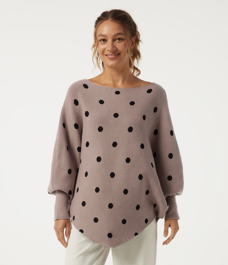 Boat Neck Batwing Long Sleeve Polka Dot Casual Sweater