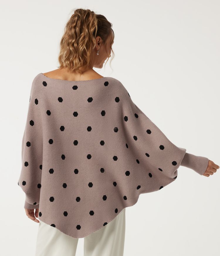 Fawn Boat Neck Batwing Long Sleeve Polka Dot Casual Sweater / 2