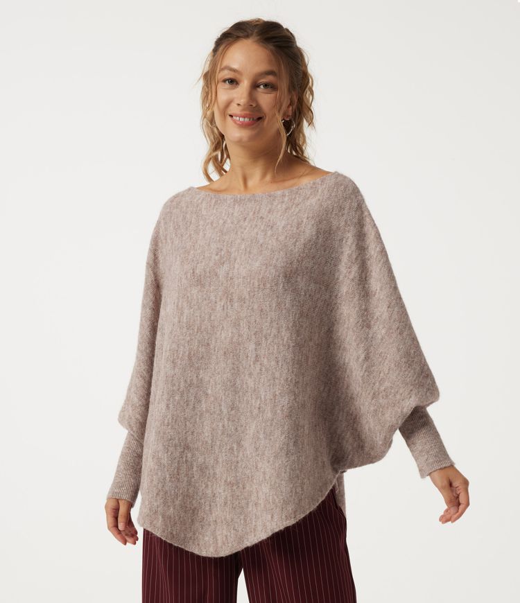 Boat Neck Batwing Long Sleeve Curved Hem Casual Sweater