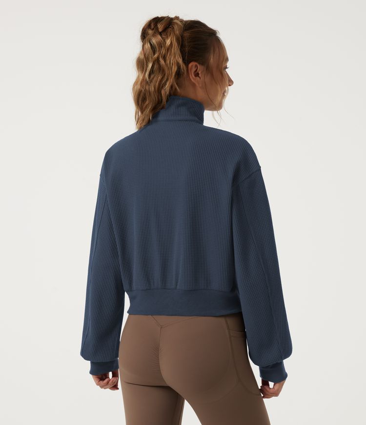 Foggy Blue Mock Neck Long Sleeve Waffle Casual Jacket with Pockets / 2
