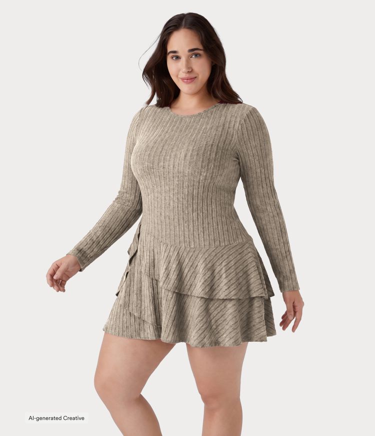 Plus Size Ribbed Knit Round Neck Long Sleeve Layered Ruffle Hem Mini Casual Dress