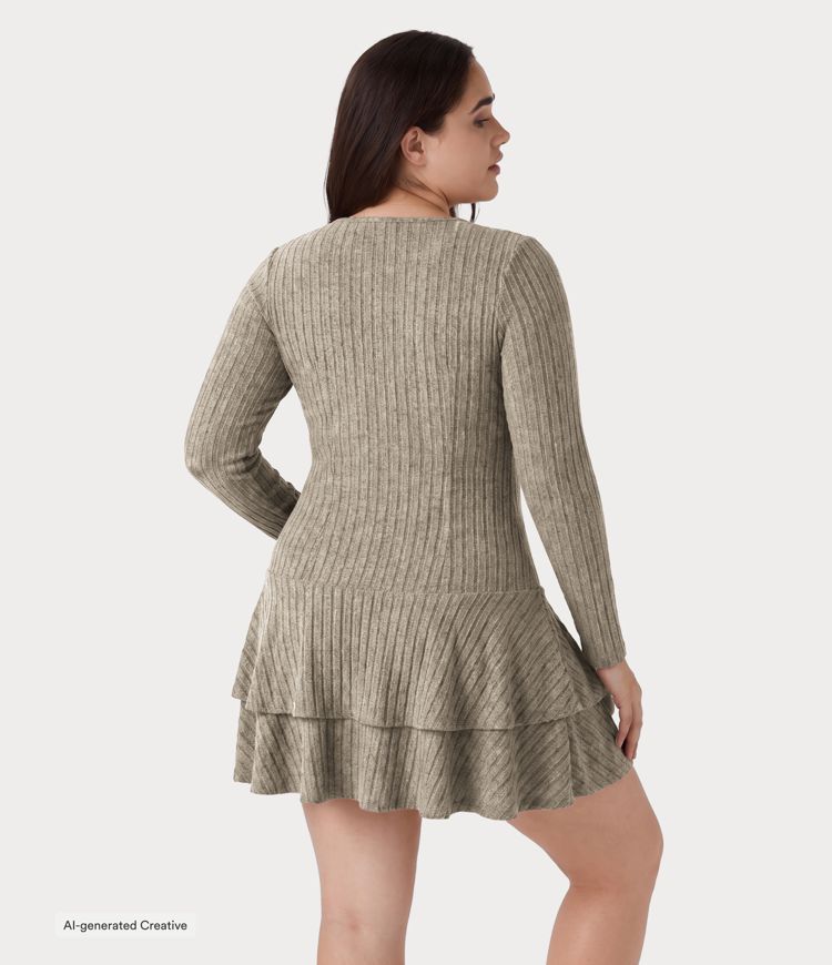 Warm Grey Floral Velvet Plus Size Ribbed Knit Round Neck Long Sleeve Layered Ruffle Hem Mini Casual Dress / 2