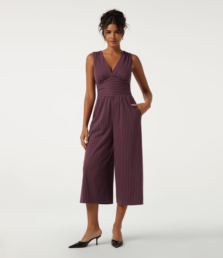 V Neck Sleeveless Built-in Bra Ruched Stripes Cropped Work Jumpsuit with Pockets-Easy Peezy Edition