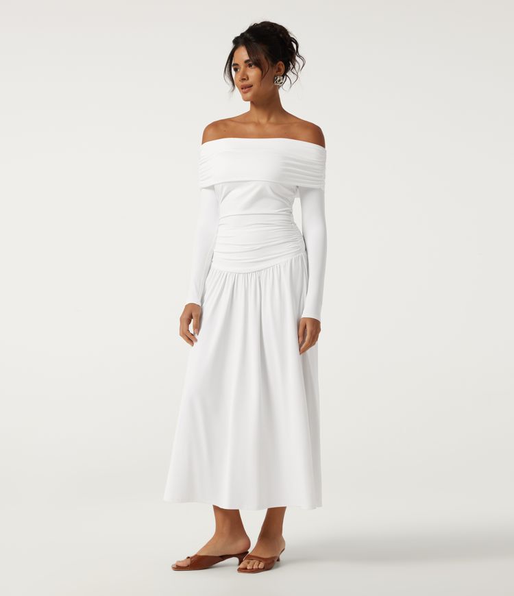 Off Shoulder Long Sleeve Built-in Bra Tummy Control Ruched A Line Maxi Casual Dress 