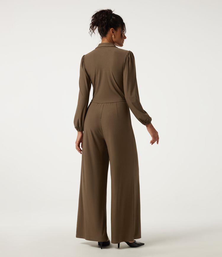 Cocoa Grain Lapel Bishop Long Sleeve Wide Leg Belted Work Jumpsuit with Pockets - Easy Peezy Edition / 2