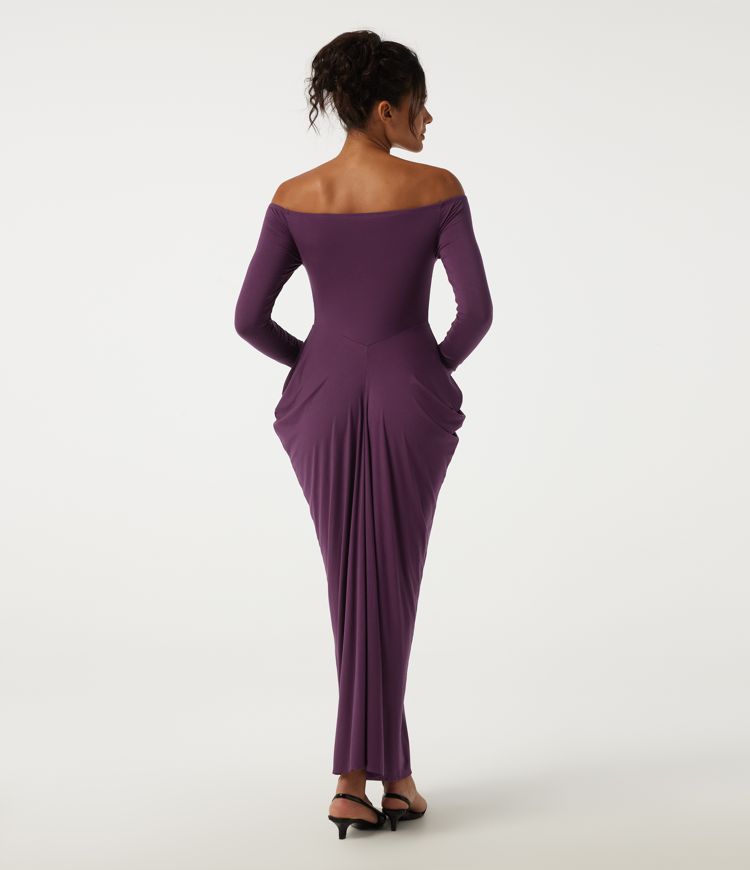Prune Purple Off Shoulder Long Sleeve Built-in Bra Maxi Party Dress / 2