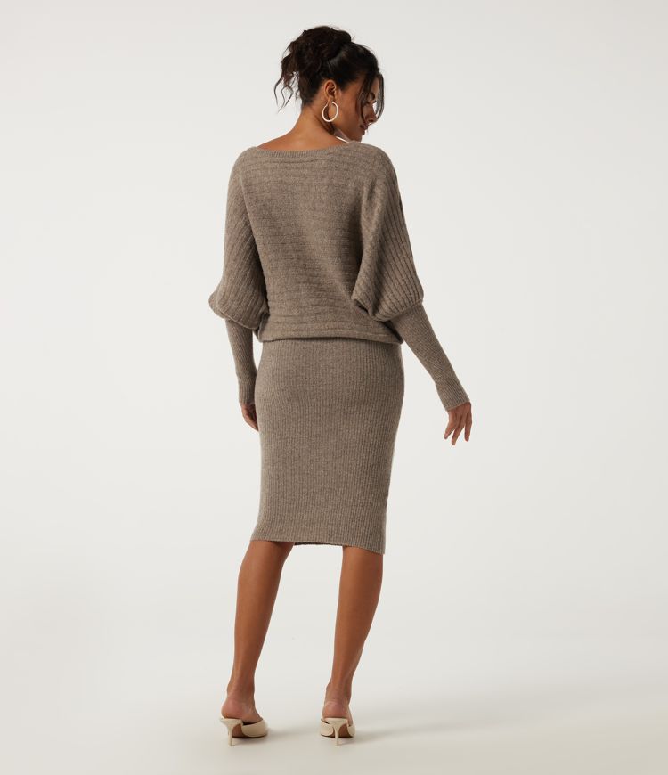 Lead Gray Boat Neck Batwing Long Sleeve Midi Casual Wool-Blend Dress with Thumbholes / 2