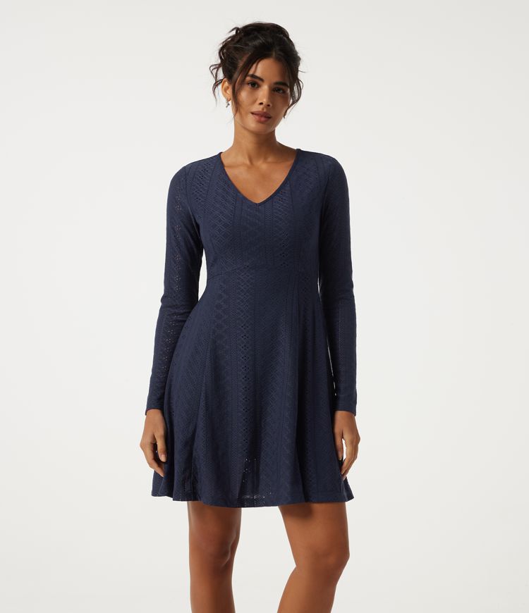 V Neck Long Sleeve A Line Eyelet Mini Casual Dress
