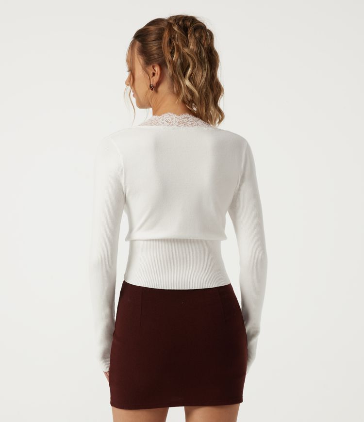 White V Neck Long Sleeve Contrast Lace Casual Sweater / 2