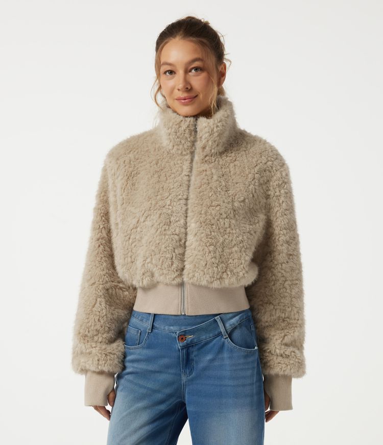 High Neck Long Sleeve Casual Teddy Jacket with Thumbholes