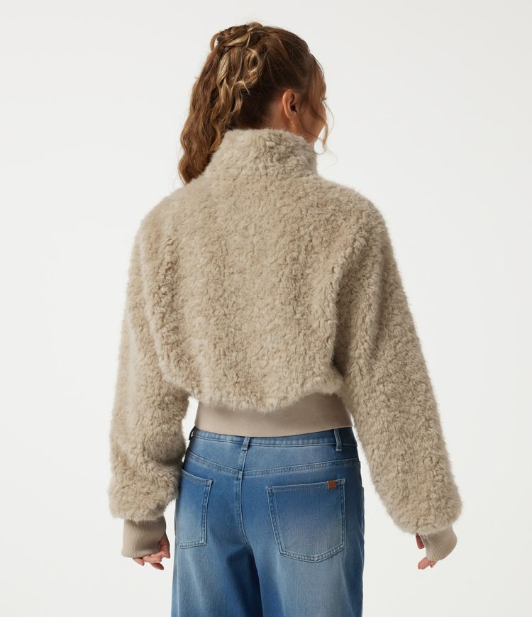 Oatmeal Khaki High Neck Long Sleeve Casual Teddy Jacket with Thumbholes / 2