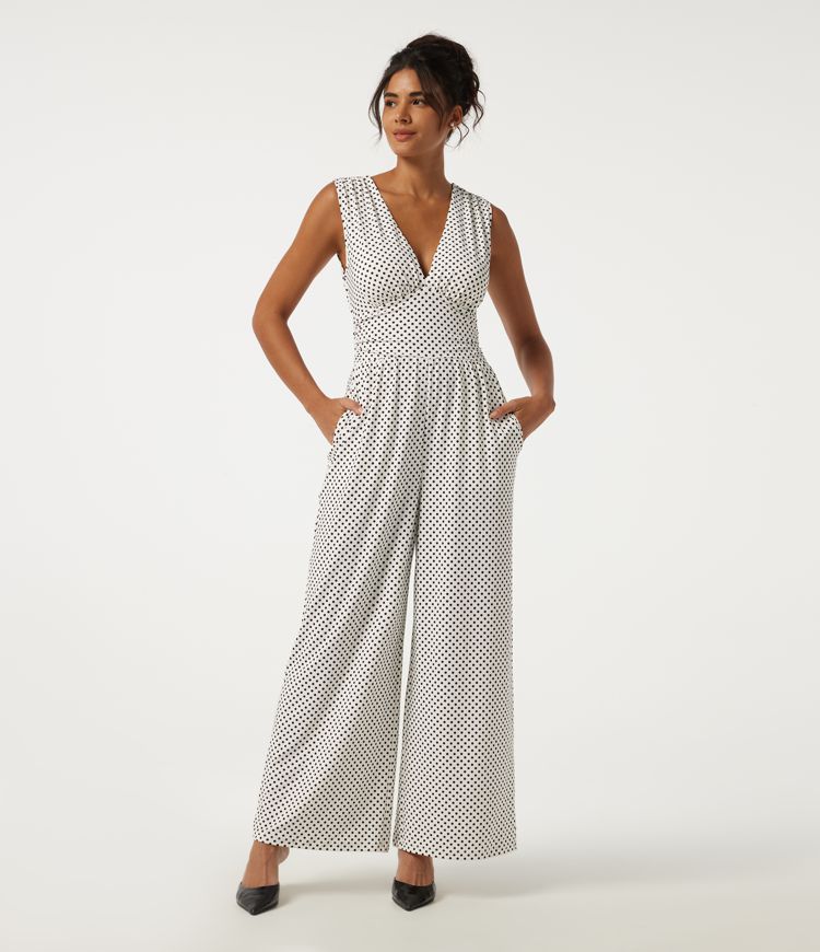 V Neck Wide Lege Ruched Polka Dot Built-in Bra Party Jumpsuit with Pockets -Easy Peezy Edition