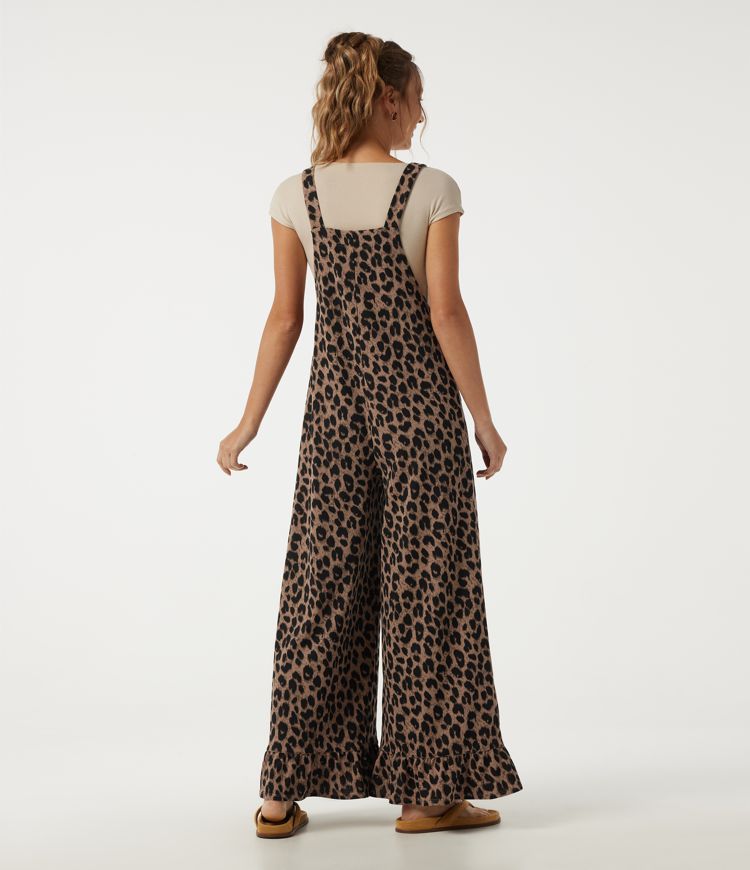 Noir Safari Square Neck Leopard Print Waffle Baggy Casual Overalls with Pockets / 2