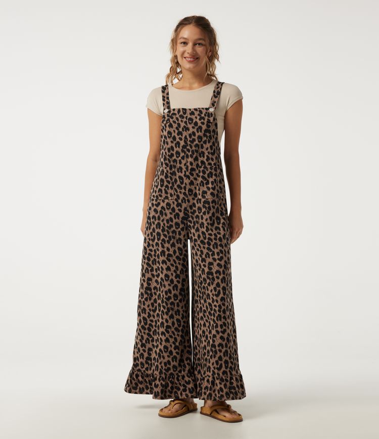 Square Neck Leopard Print Waffle Baggy Casual Overalls with Pockets