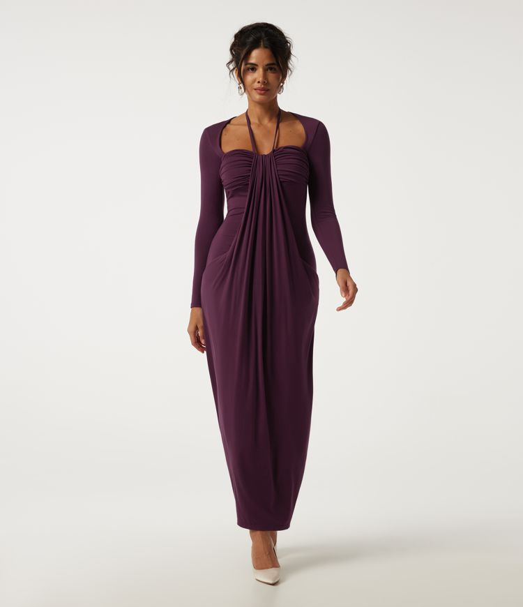 Square Neck Long Sleeve  A-Line Bodycon Party Maxi Dress with Pockets