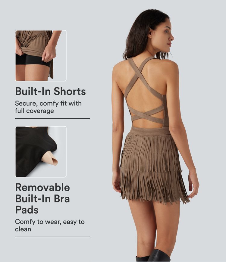 Square Neck Sleeveless Suede Bodycon Party Micro Mini Dress with Built-in Bra and Shorts