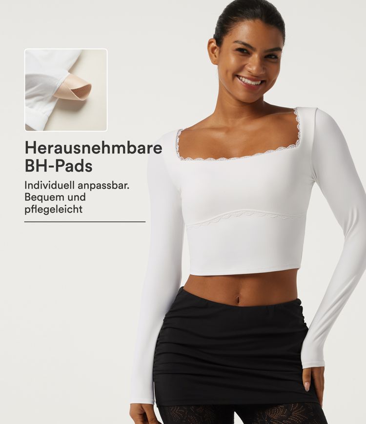 SoftlyZero™ - Yoga-Sport-Top mit eckigem Ausschnitt, langen Ärmeln, integriertem BH und Kontrastspitze