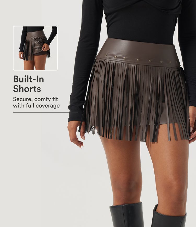 High Waisted Fringe Hem A-Line Casual Mini Skirt with Built-in Shorts