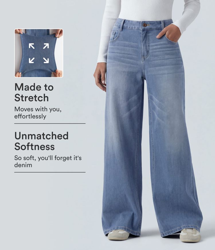 Halara Flex™ Mid Rise Washed Baggy Wide Leg Casual Jeans with Pockets