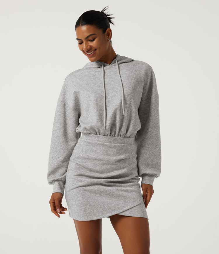 Hooded Long Sleeve Ruched Curved Hem Mini Casual Dress-Longer Length