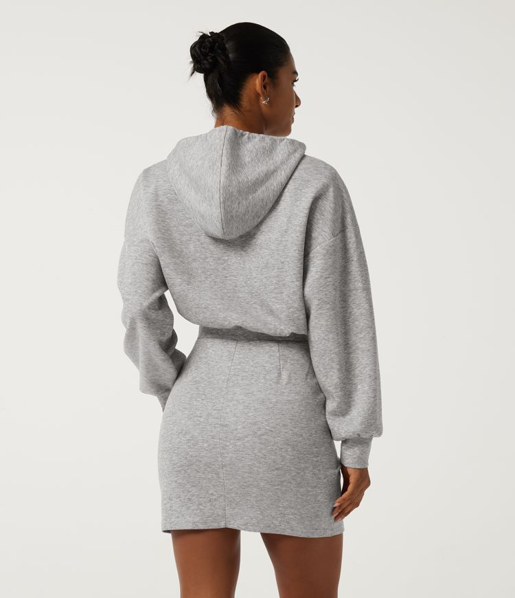 Fog Gray Hooded Long Sleeve Ruched Curved Hem Mini Casual Dress-Longer Length / 2