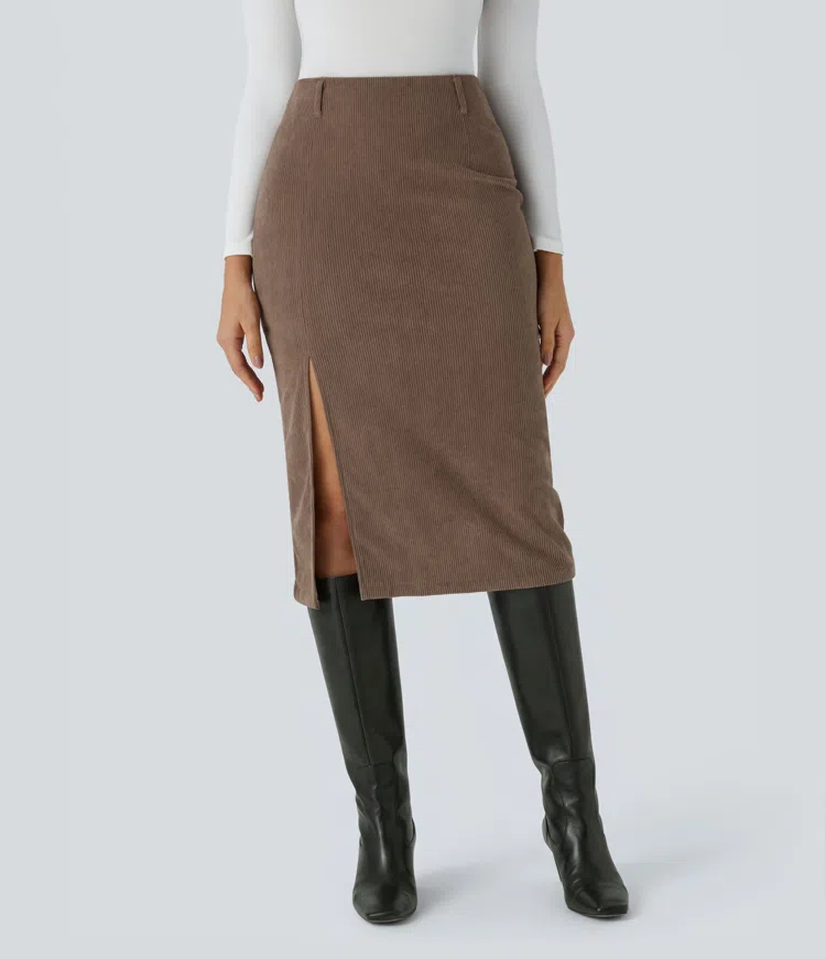 Acorn Jupe midi décontractée en velours côtelé, taille haute, avec ourlet / 1