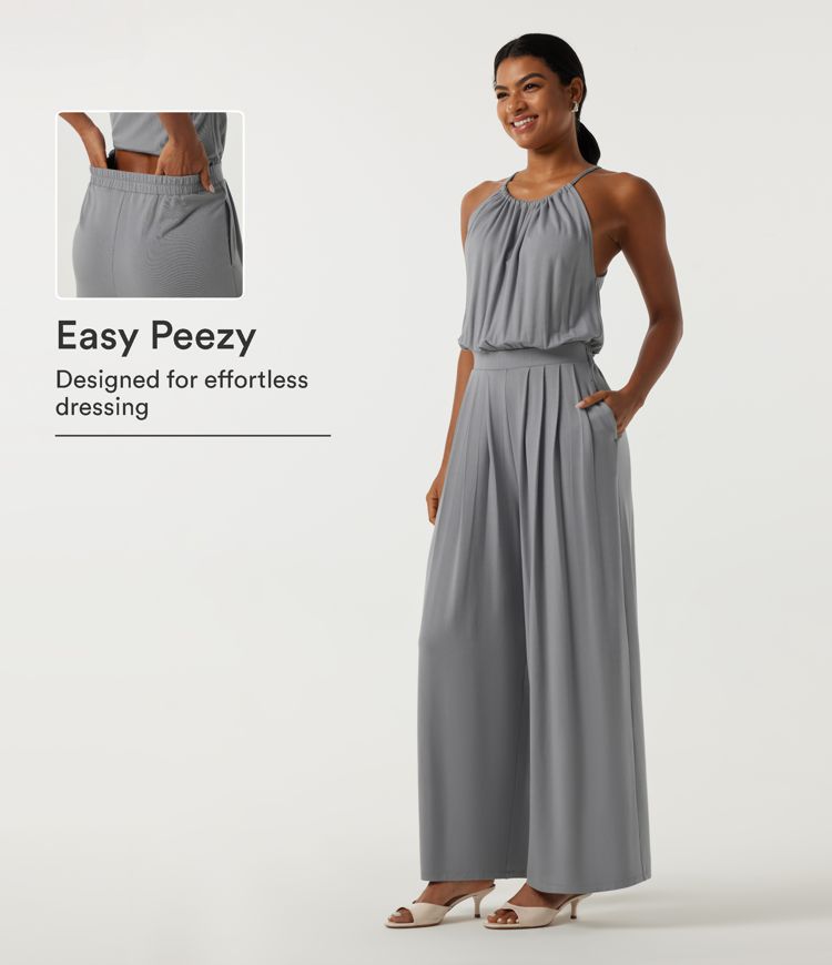 Halter Sleeveless Lace Up Wide Leg Keyhole Back Casual Jumpsuit with Pockets-Easy Peezy Edition