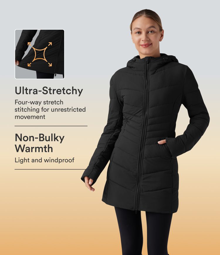 PuffFlex Hooded Longline Stretchy Casual Padded Jacket with Pockets