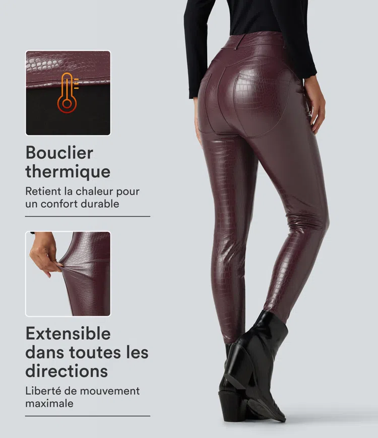 Legging en simili stretch doublé polaire taille haute imprimé serpent avec poches