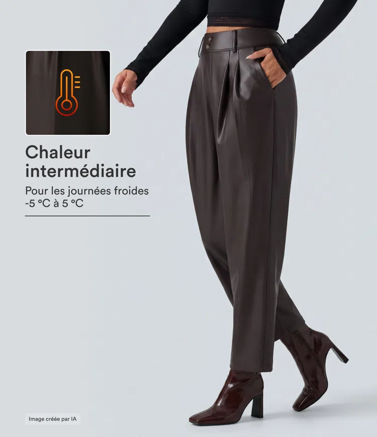 Pantalon en simili stretch doublé polaire taille haute coupe fuselée avec poches