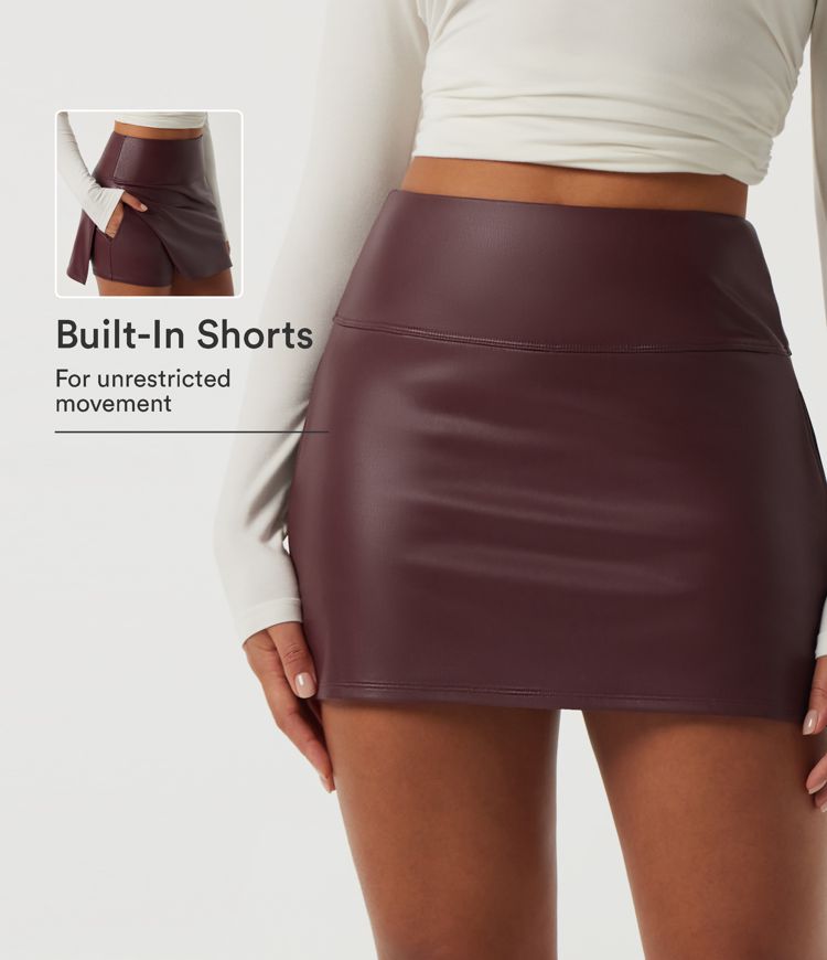 High Waisted 2-in-1 Stretchy PU Fleece Mini Casual Skort with Pockets
