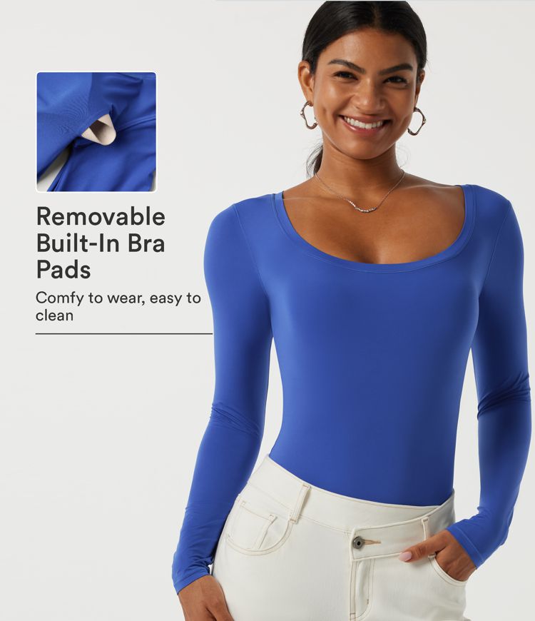 U Neck Long Sleeve Built-in Bra Casual Bodysuit