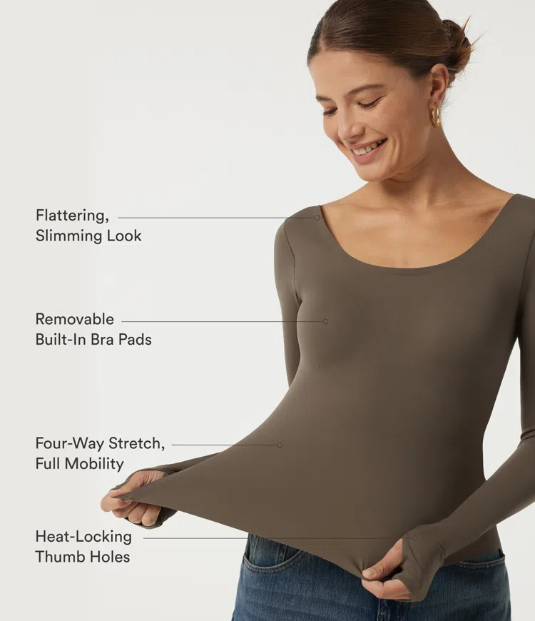Coffee Quartz Scoop Neck Long Sleeve Built-in Bra Casual Top with Thumbholes / 2