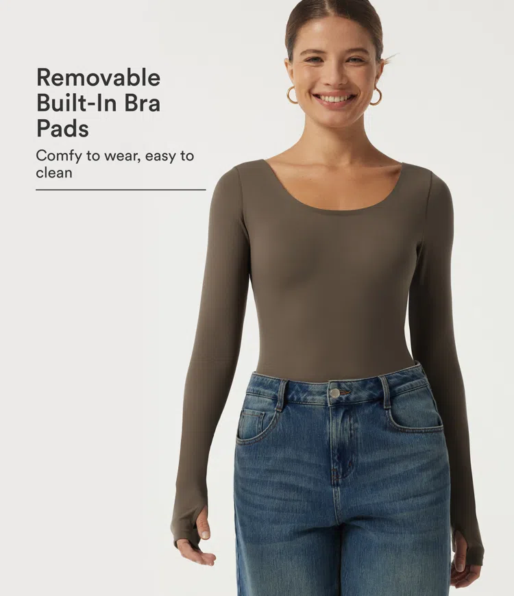 Scoop Neck Long Sleeve Built-in Bra Casual Top with Thumbholes