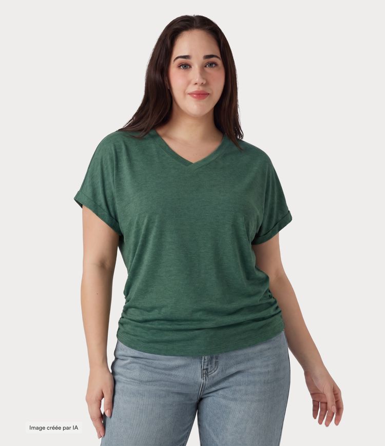 Emerald Floral Yarn T-shirt grande taille col V à manches courtes / 1