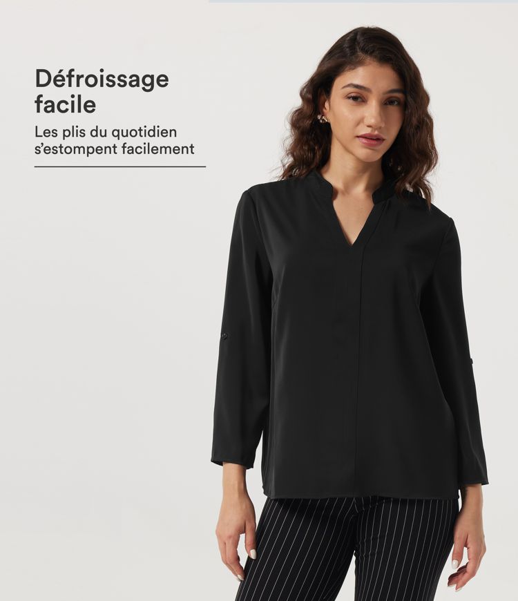 Noir Blouse esprit bureau manches longues à col cranté défroissage facile Wrinkle Recovery / 1