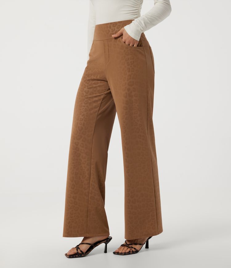 High Waisted Stretchy PU Leopard Print Fleece Baggy Casual Pants with Pockets
