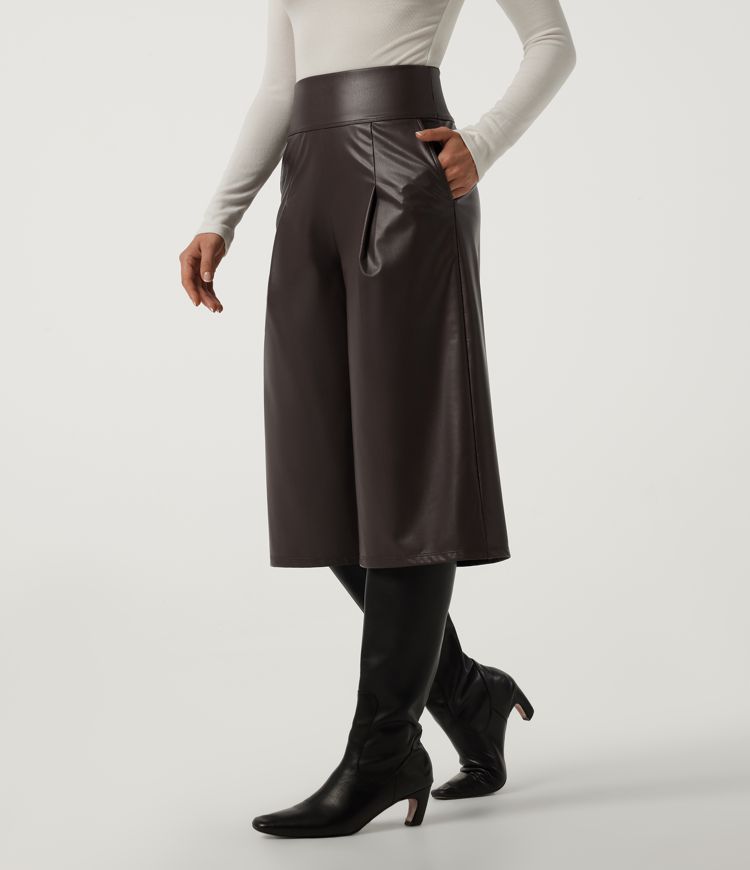 Pantalon capri décontracté taille haute, jambe large, extensible, en molleton PU, avec poches