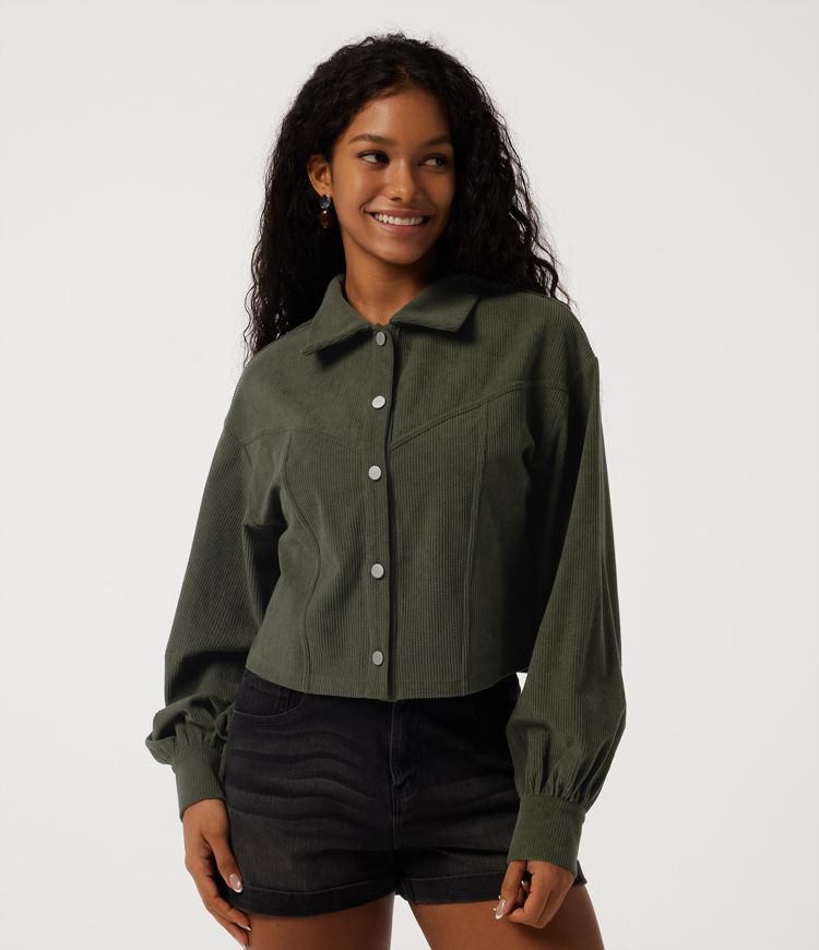 Lapel Collar Drop Shoulder Long Sleeve Corduroy Casual Jacket