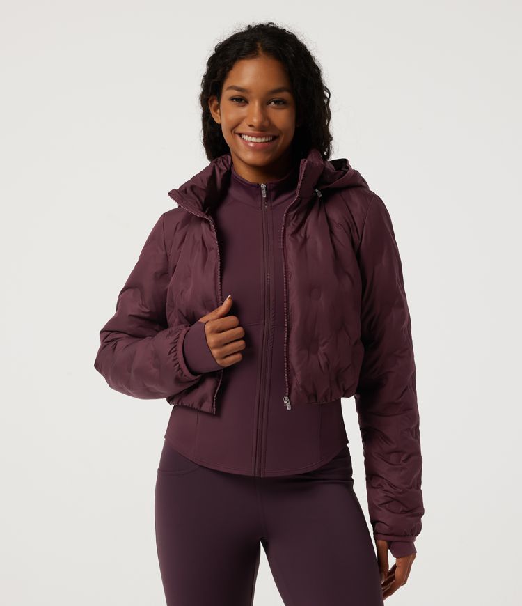 Berry Red SoftlyZero™ Airy 2-in-1 Stand Collar Long Sleeve Drawstring Casual Down Jacket with Pockets / 1