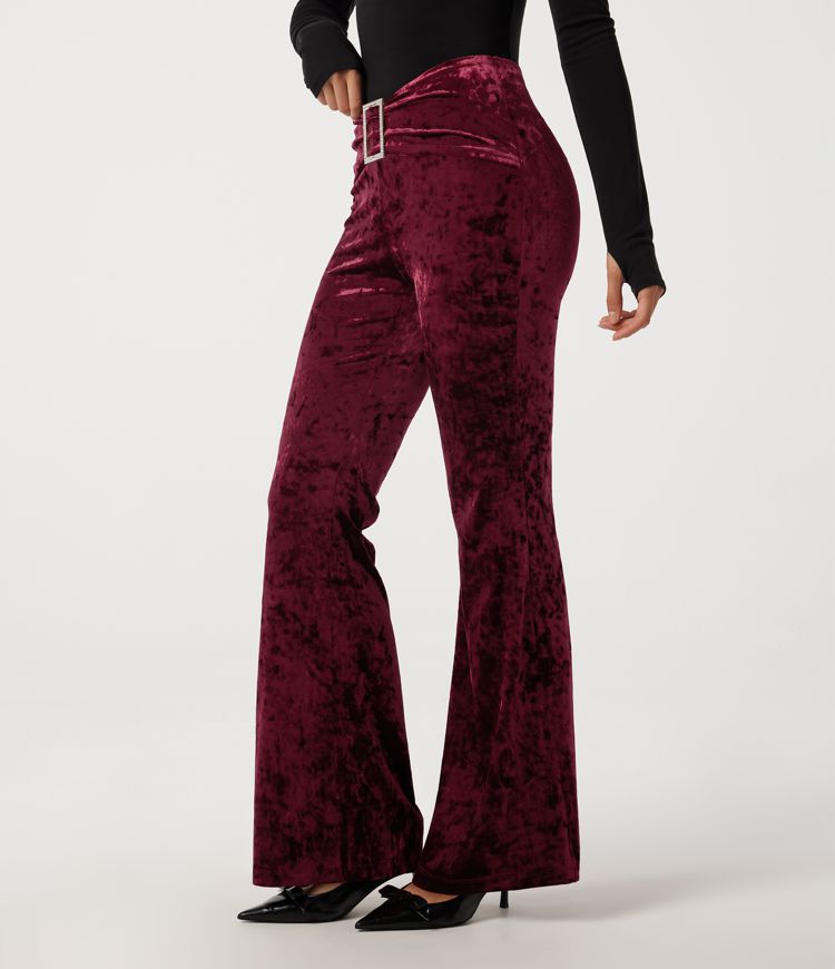 High Waisted Buckle Flare Velvet Casual Pants